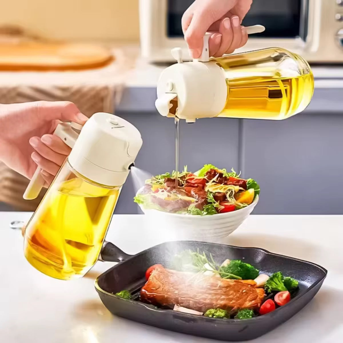 DualFlow™ 2-in-1 Oil Sprayer & Dispenser | Glass Bottle | Multi-Color Nozzle