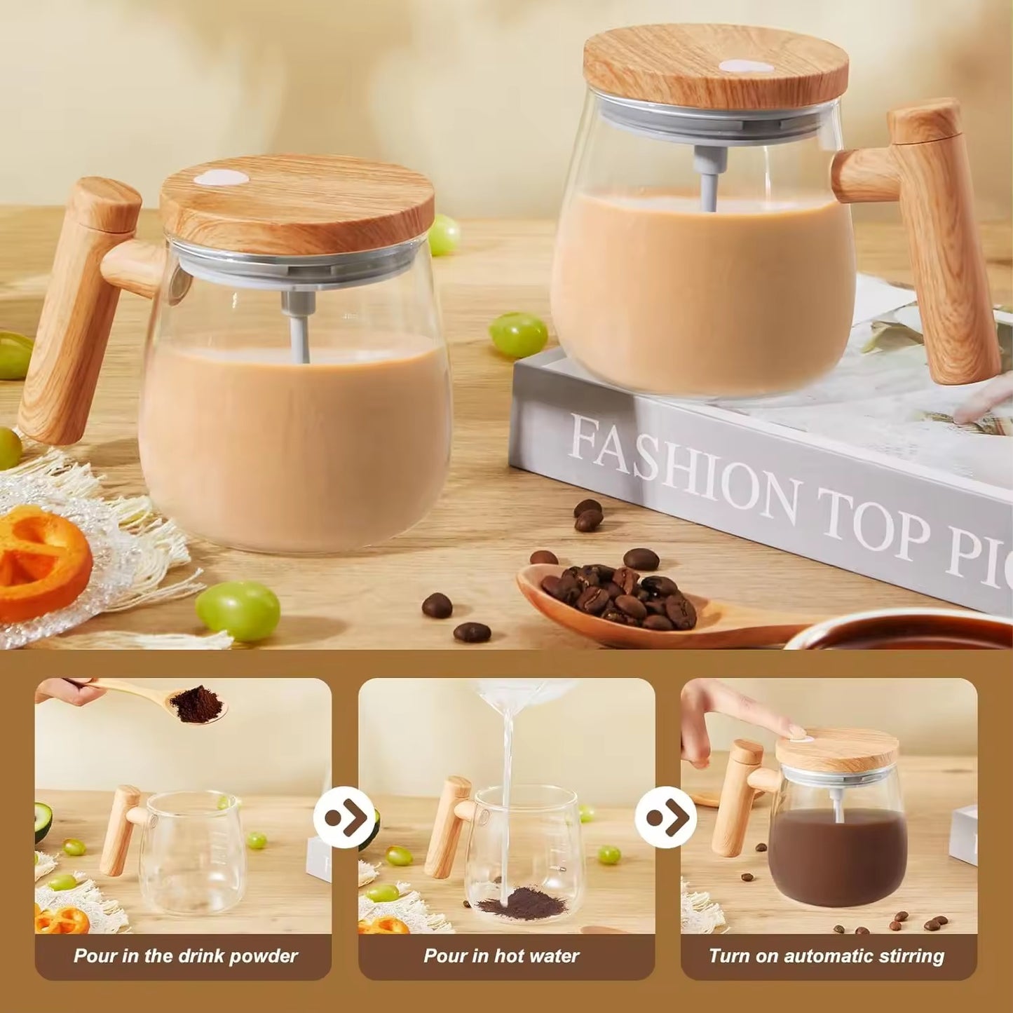 BrewLuxe™ Self-Stirring Mug – USB Rechargeable, Elegant Glass Design