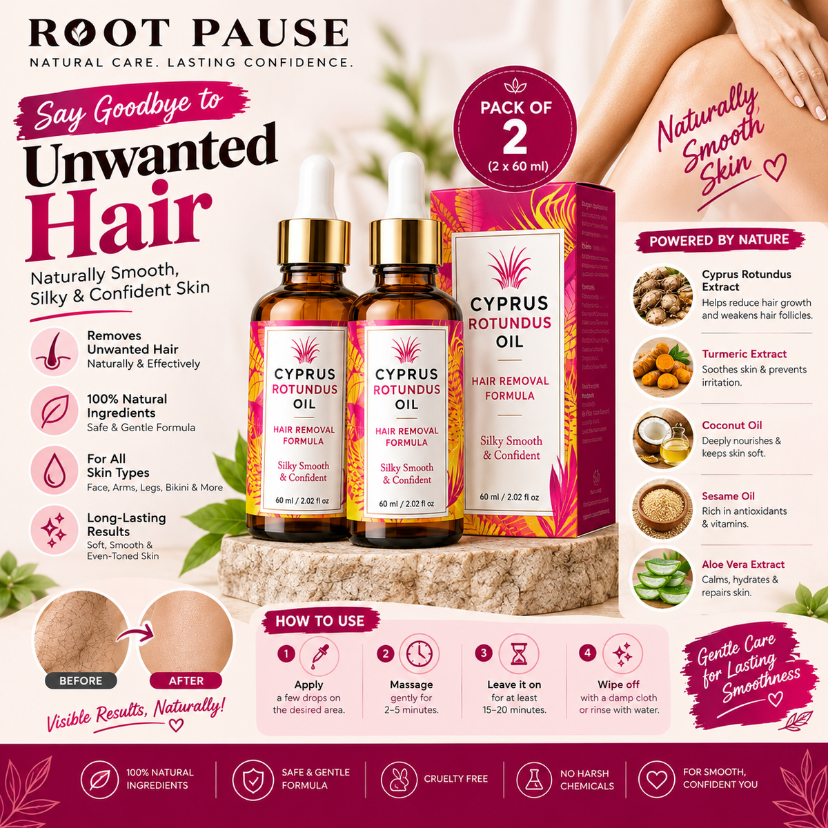 RootPause™ Cyperus Rotundus Hair Removal Oil – Pack of 2 (120ml) |