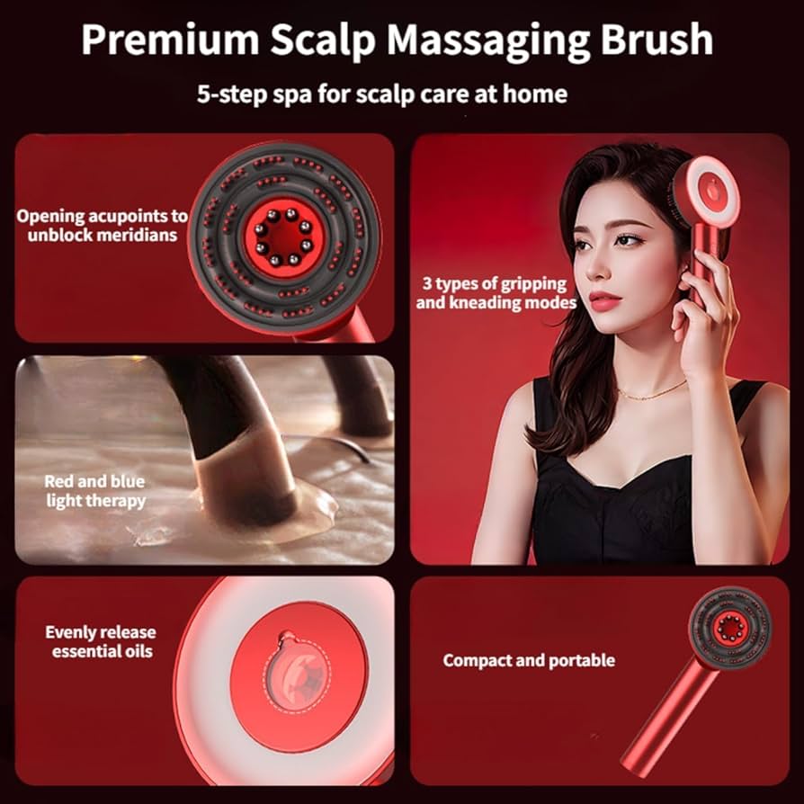 2-in-1 Electric Scalp Massager & Hair Oil Applicator – Waterproof & Rechargeable (Red)