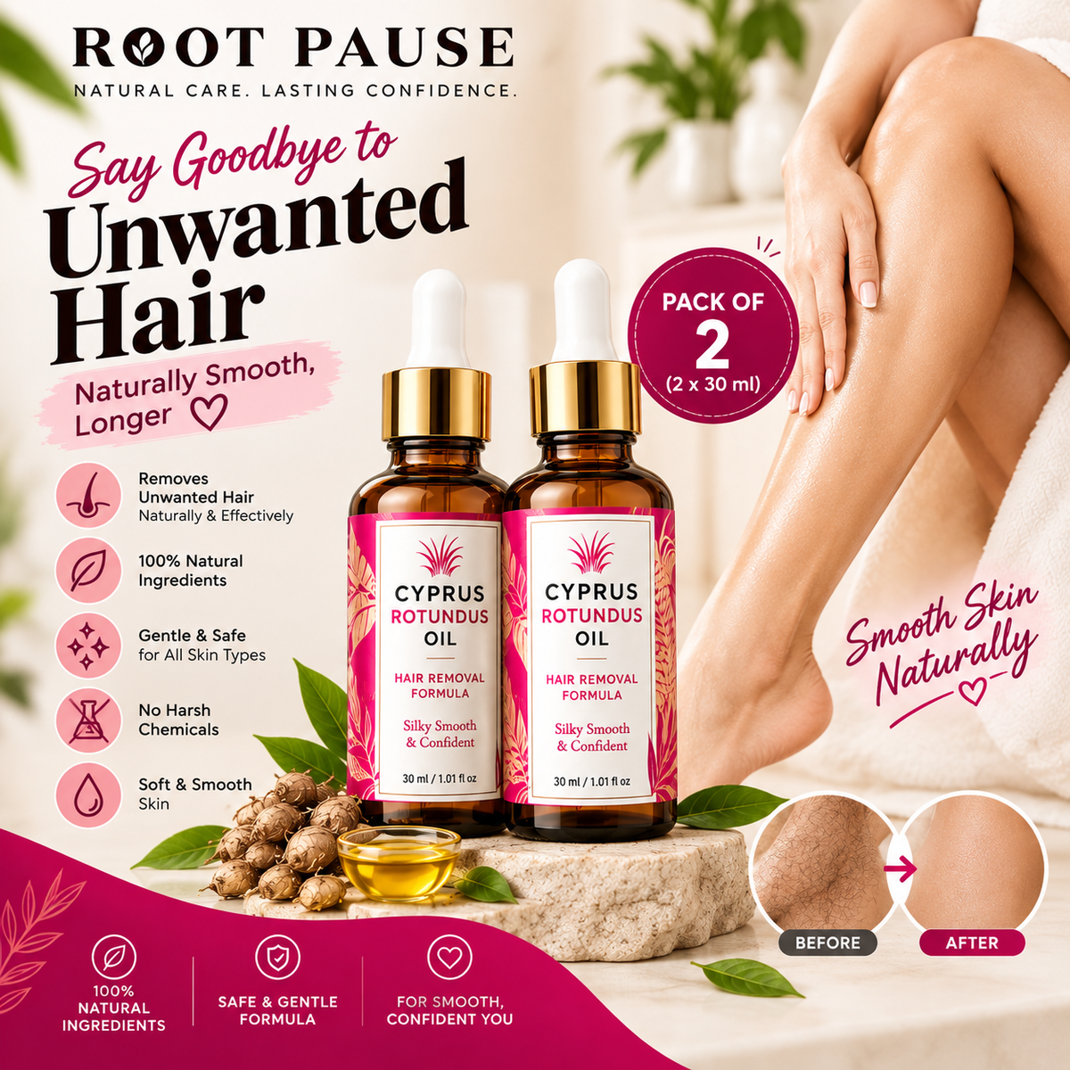 RootPause™ Cyperus Rotundus Hair Removal Oil – Pack of 2 (120ml) |